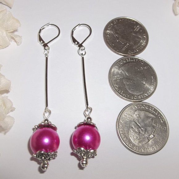 Long Earrings, Fuschia Pink and Silver, Dangle and Drop Earrings, Beaded 7453 - Picture 2 of 8